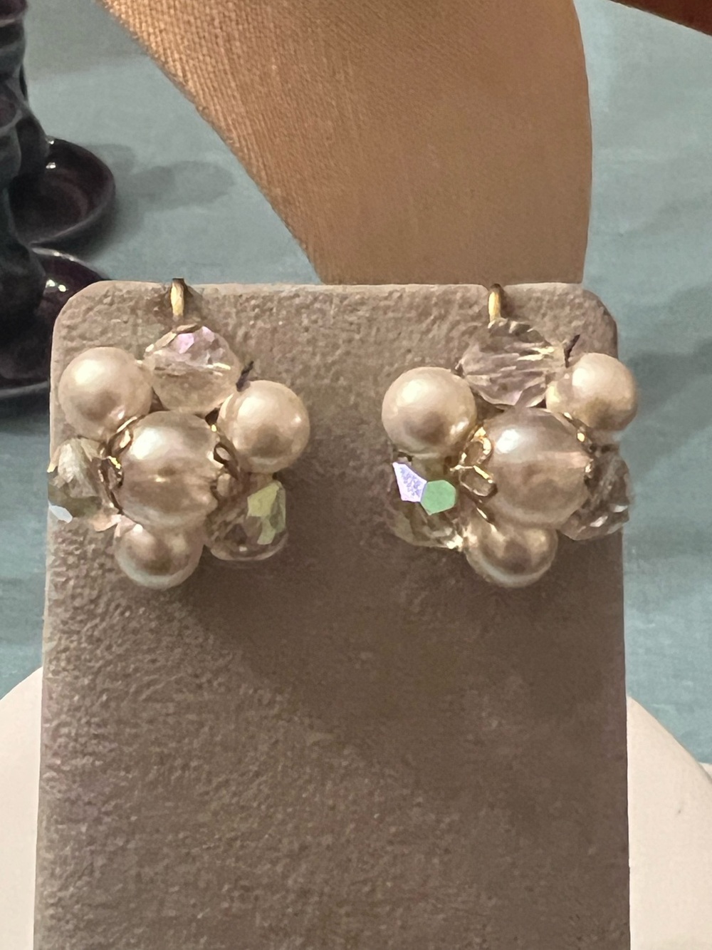 Vintage white pearl and faceted clear bead cluster clip on earrings